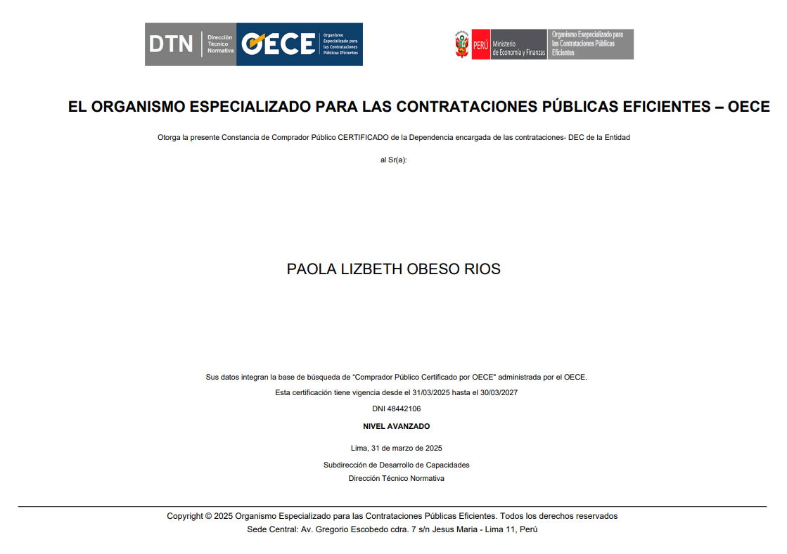 Certificado OECE Nivel Avanzado de Paola Obeso Ríos